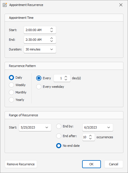 Recurrence Dialog in Windows Forms, DevExpress