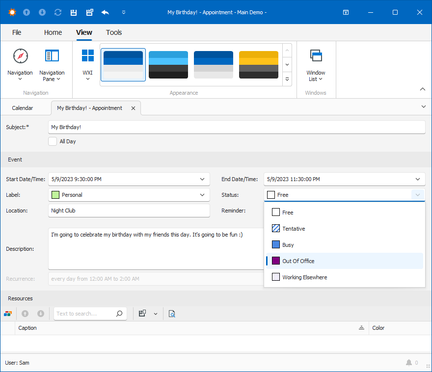 Scheduler Module Detail View Windows Forms, DevExpress