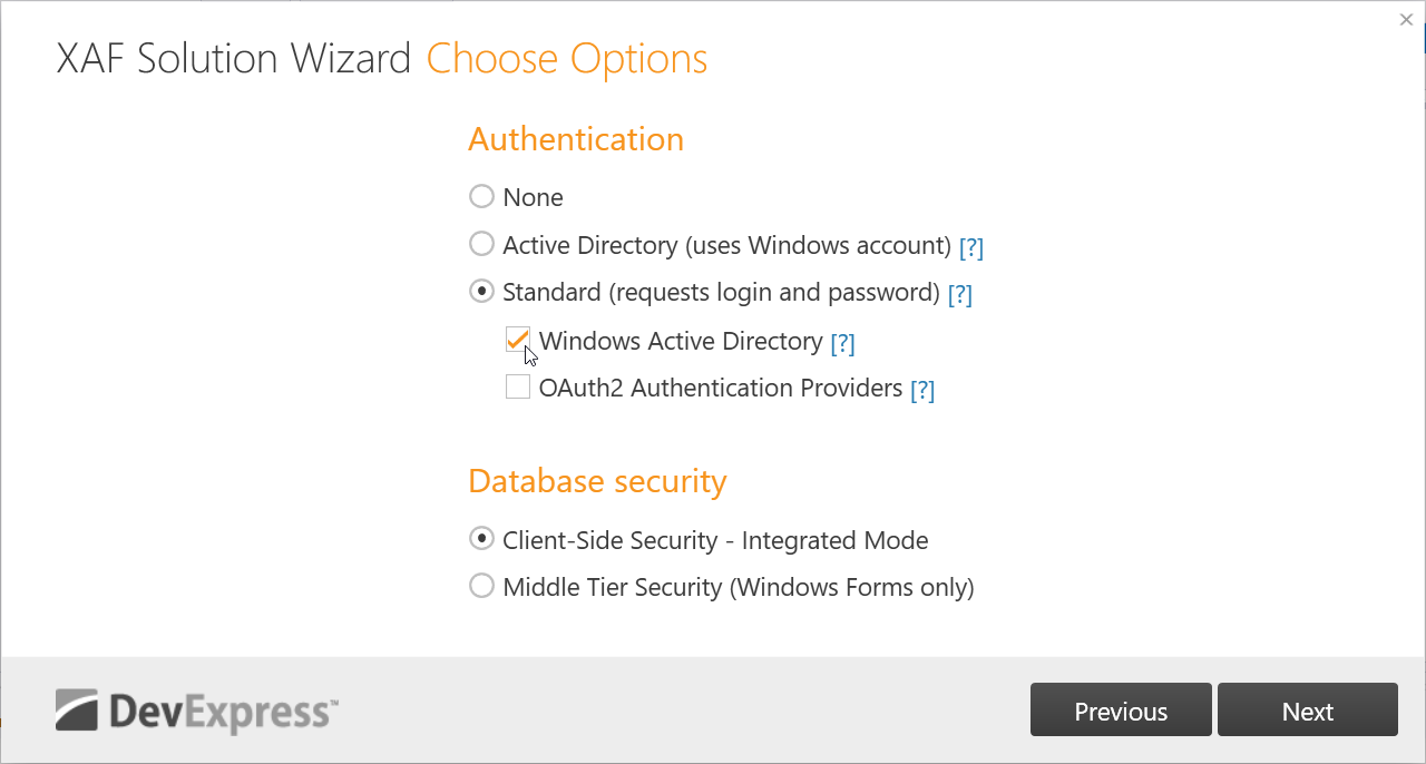 Solution Wizard - Standard and Active Directory Authentication