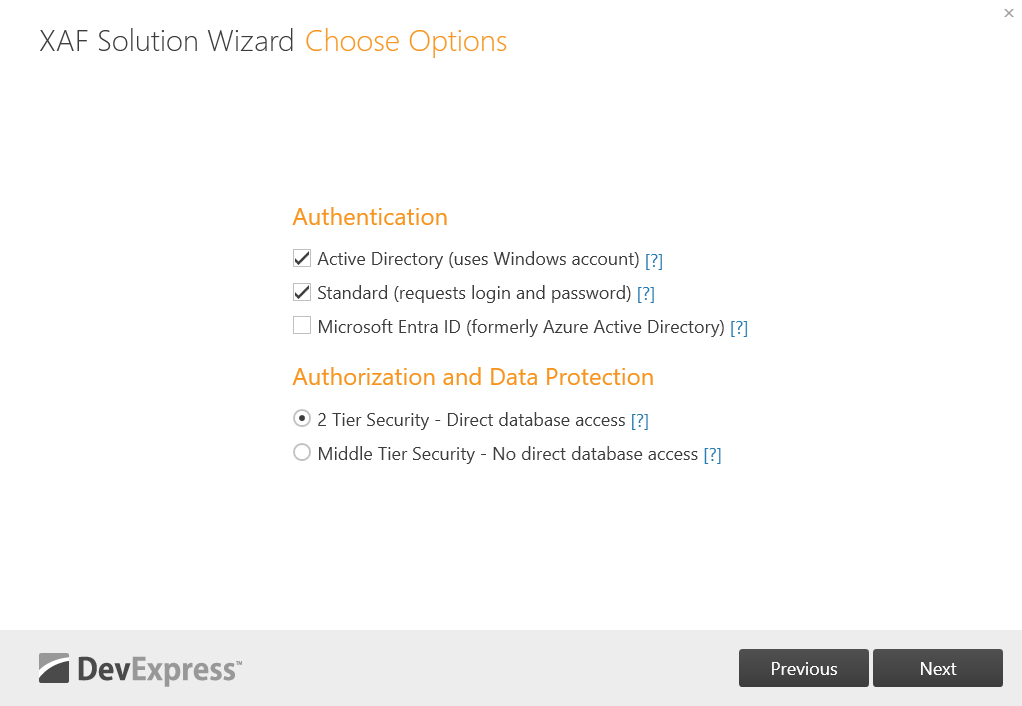 Solution Wizard - Standard and Active Directory Authentication