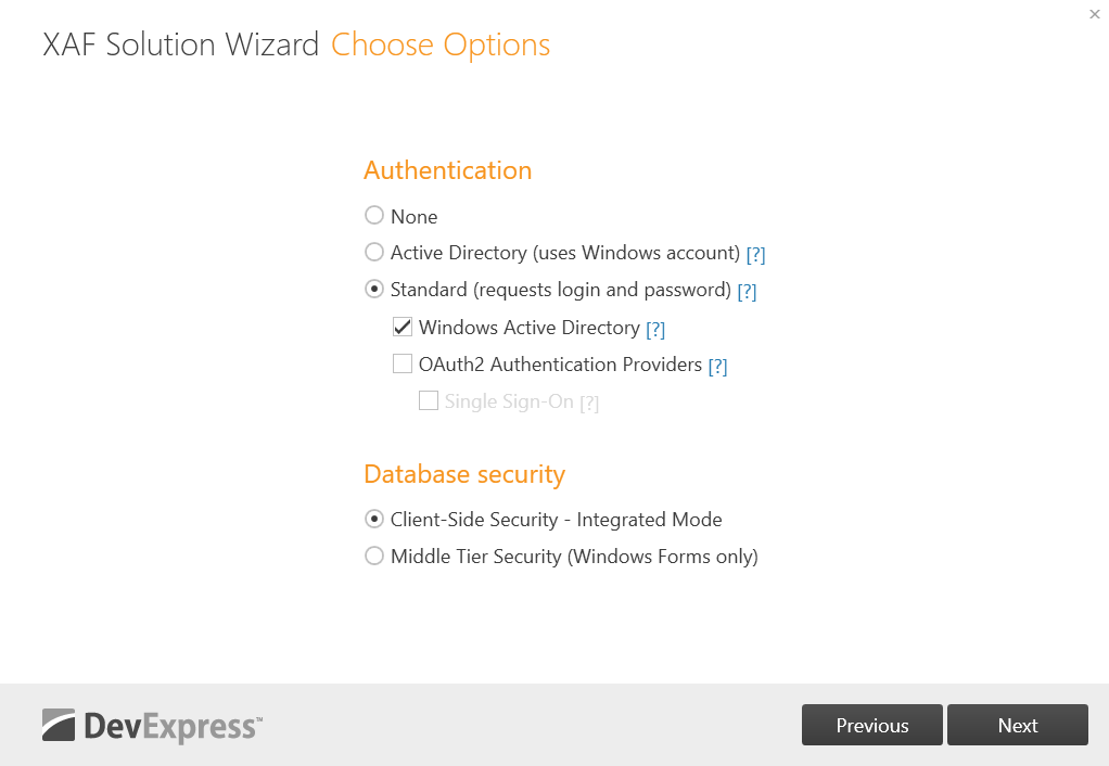 Solution Wizard - Standard and Active Directory Authentication