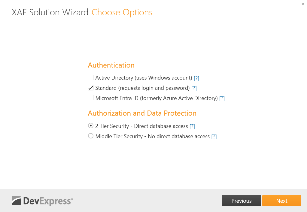 The Choose Security page in the Solution Wizard