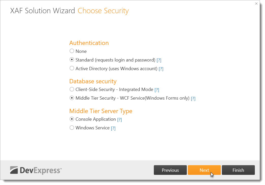 The Choose Security page in the Solution Wizard
