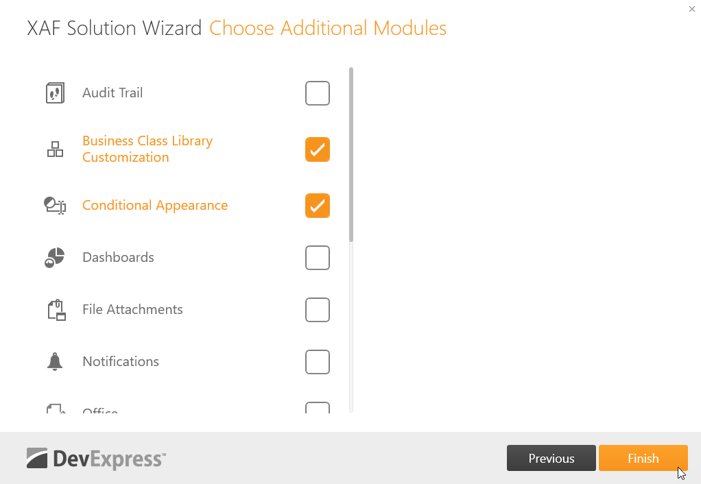 XAF Solution Wizard Choose Additional Modules Step, DevExpress