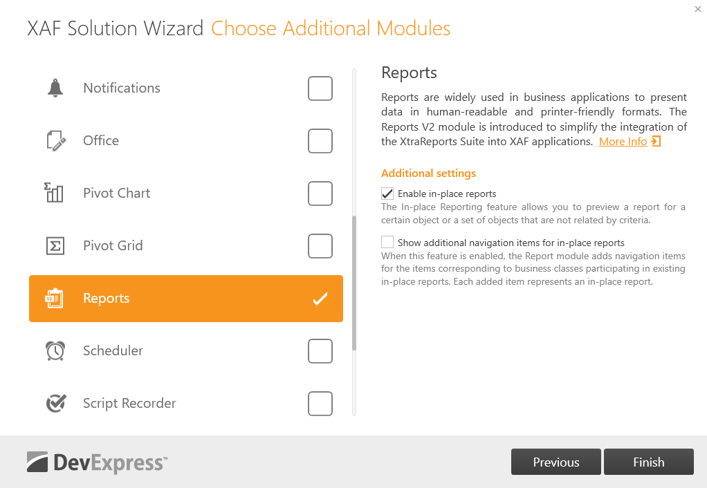 XAF Solution Wizard Choose Additional Modules Step, DevExpress