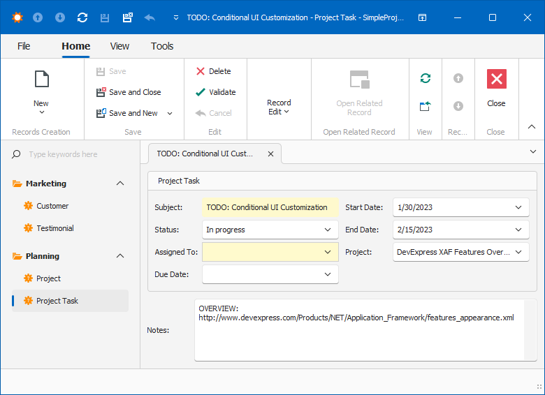 The Windows Forms conditional appearance in a Detail View, DevExpress