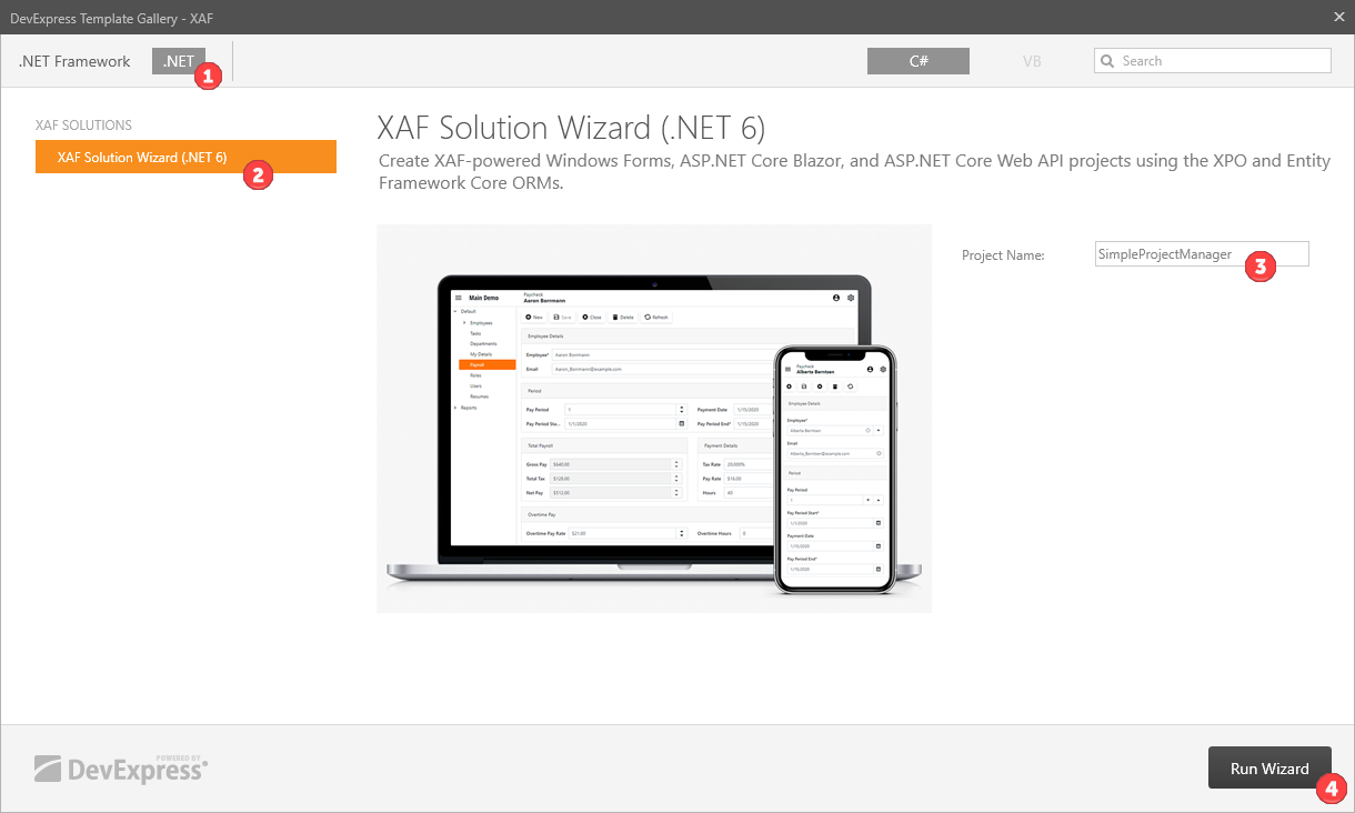 Select "XAF Solution Wizard (.NET 6)" in the Template Gallery, DevExpress