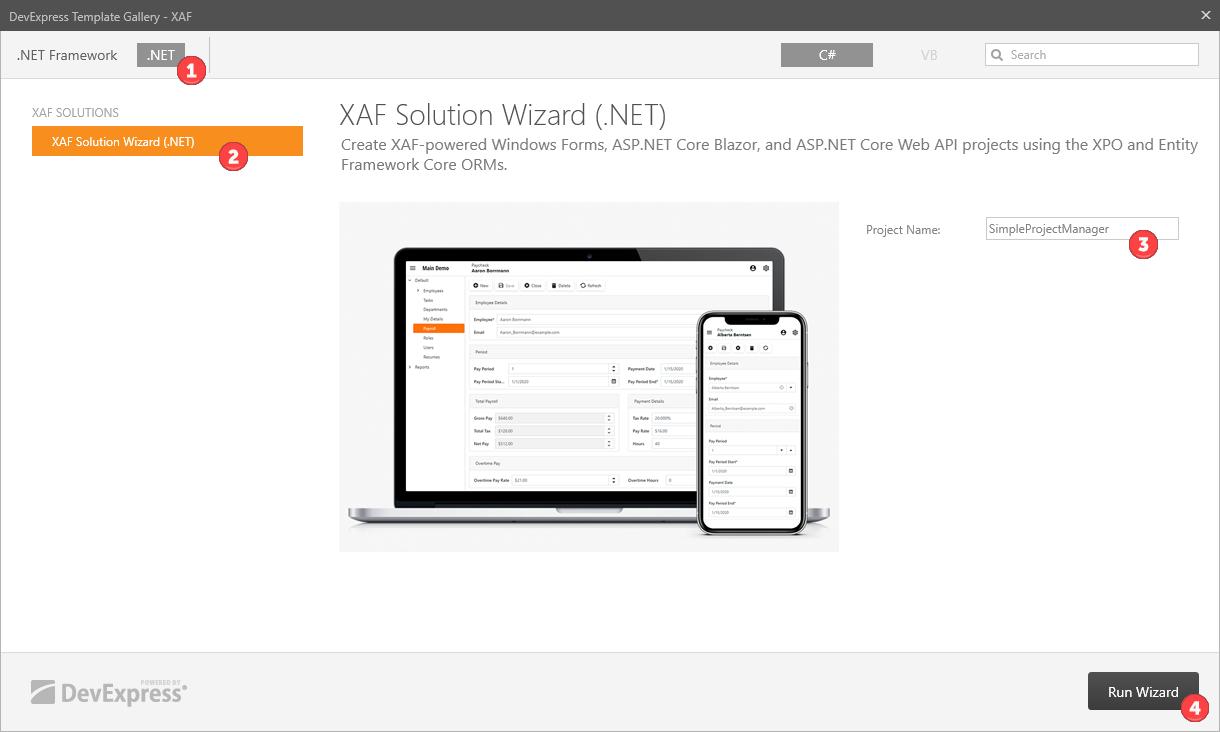 Select "XAF Solution Wizard" in the Template Gallery, DevExpress