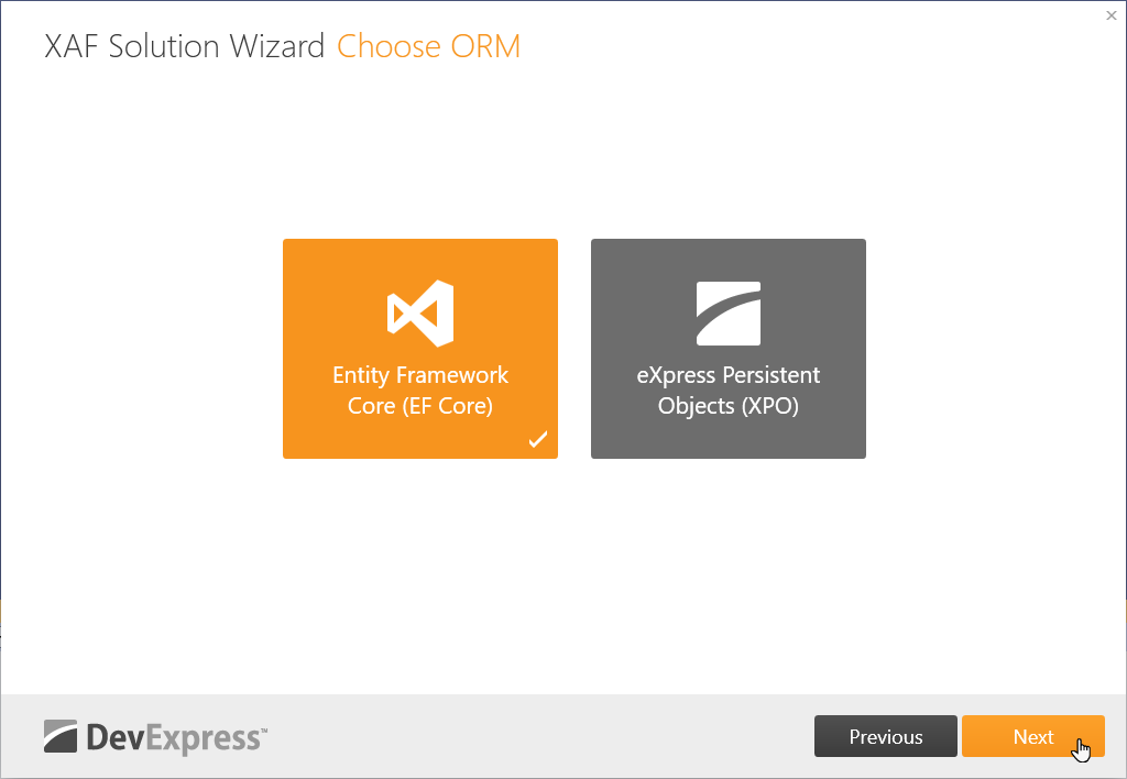 Choose the Entity Framework Core ORM library, DevExpress