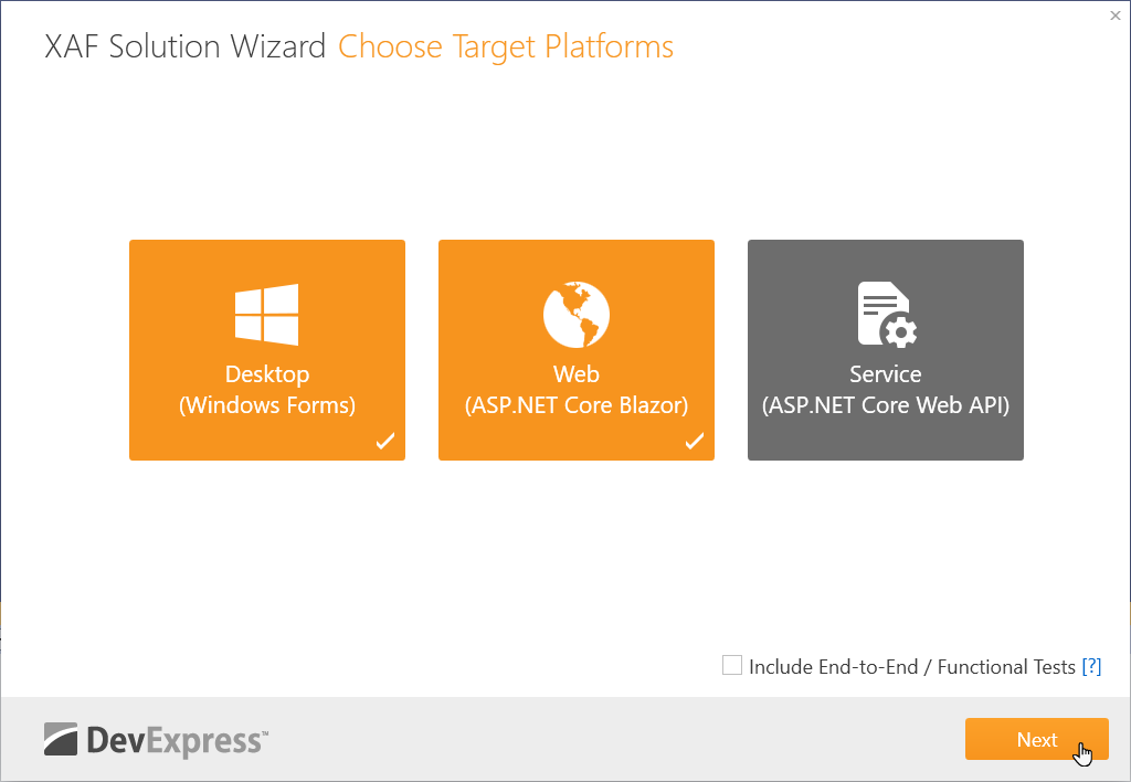 Choose the UI platform, DevExpress