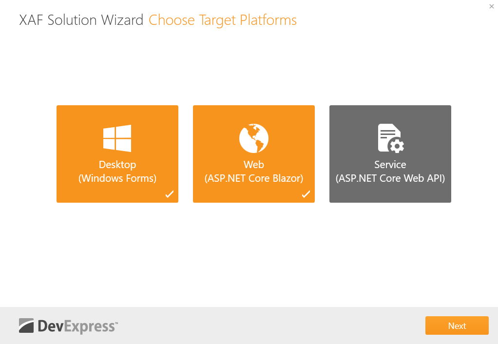 Choose the UI platform, DevExpress