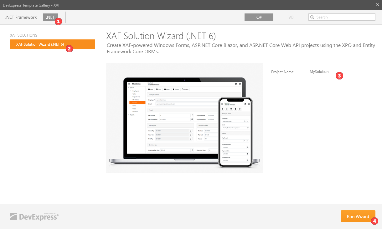 Select "XAF Solution Wizard (.NET)" in the Template Gallery