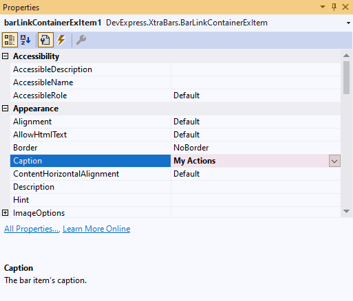 Bar Link Container Properties, DevExpress