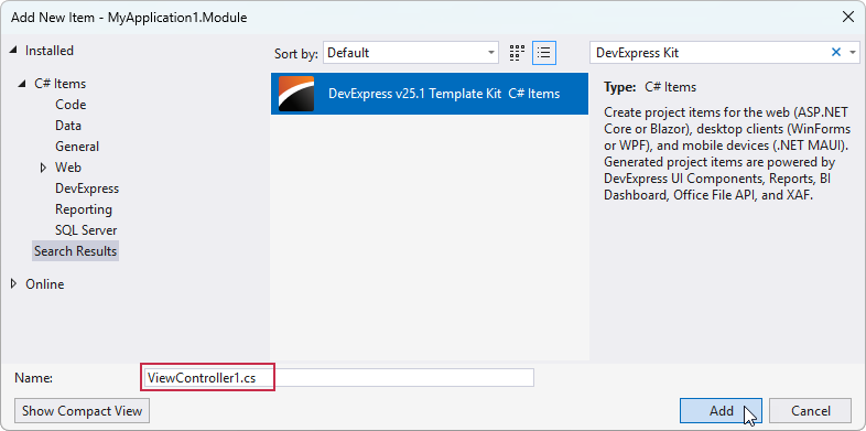 Visual Studio - Add New Item Dialog
