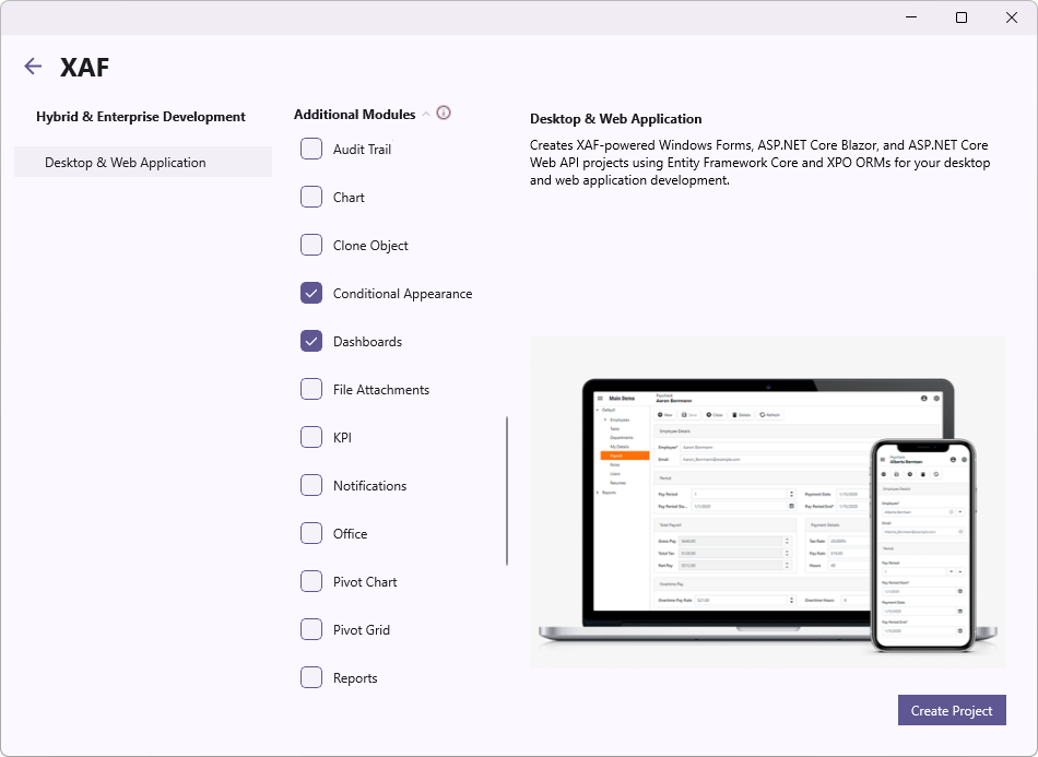 XAF Template Kit Additional Modules section