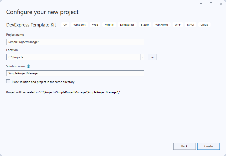 Specify a name for the new project, DevExpress