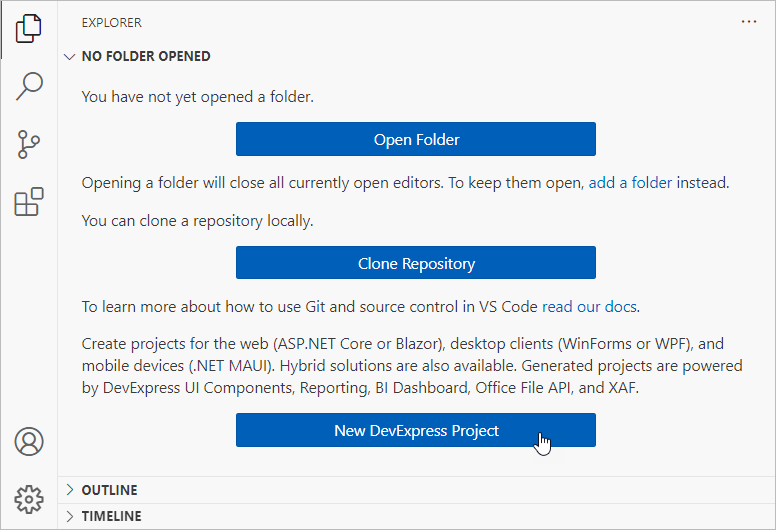 New DevExpress Project button