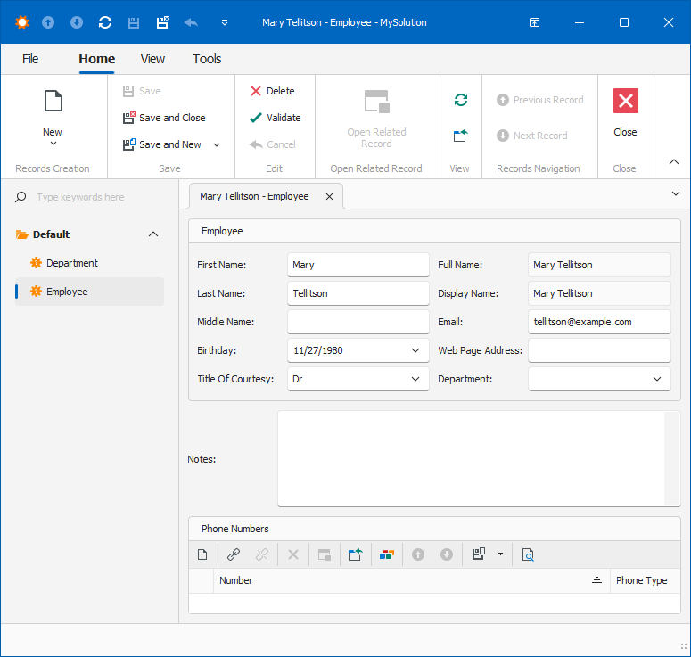 Windows Forms Employee-PhoneNumber relationship