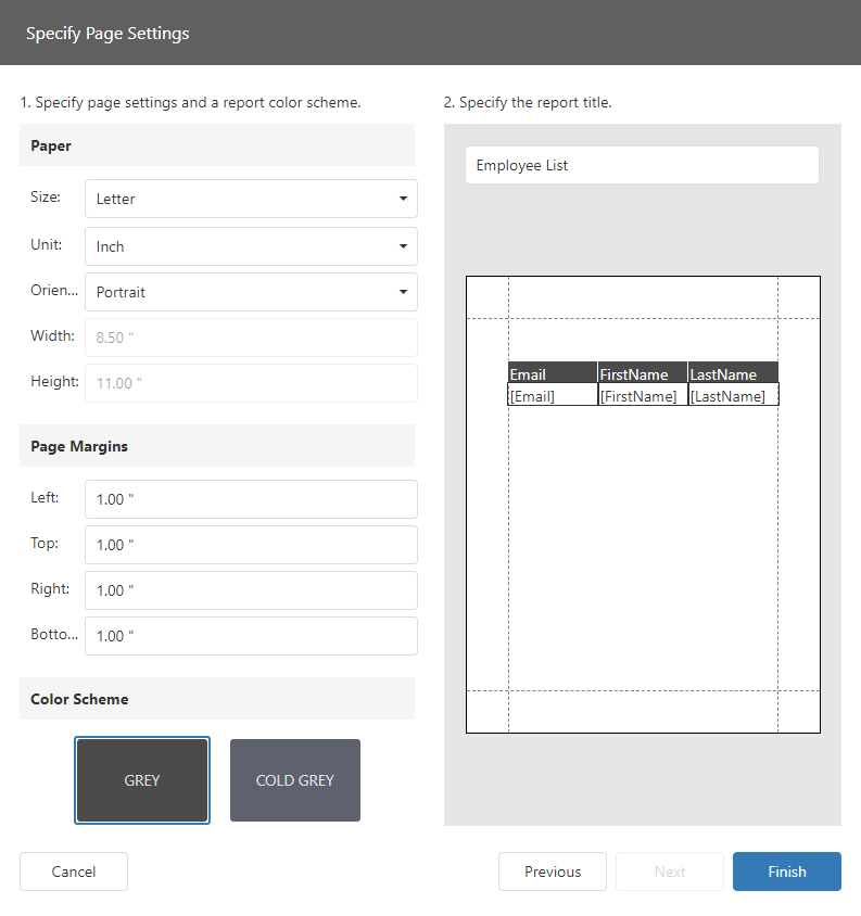 ASP.NET Core Blazor Report Wizard Page Settings