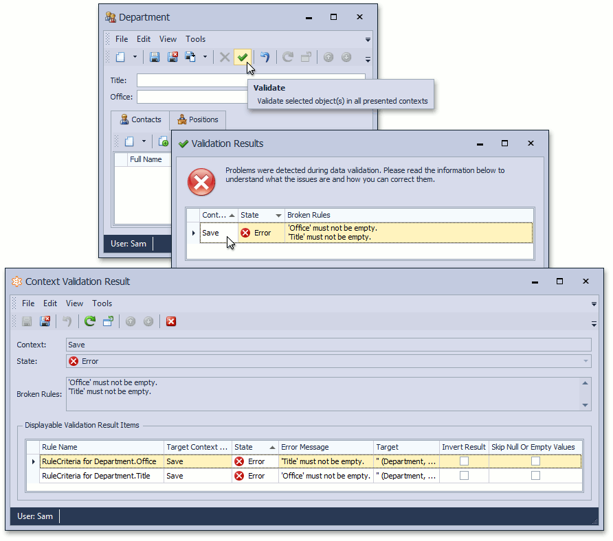 Validation message. Validation Rules access.