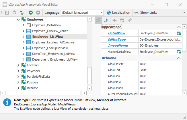 The Model Editor with the selected node