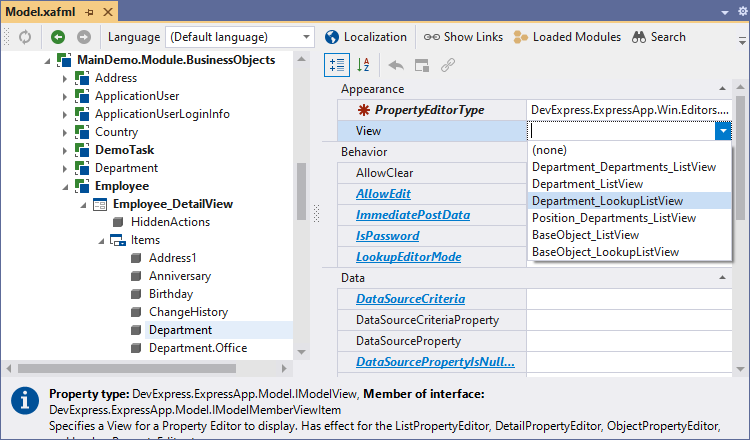 XAF Windows Forms Model Editor, View Property, DevExpress