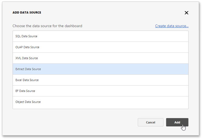"Create data source" link in the Web Forms Dashboard Designer