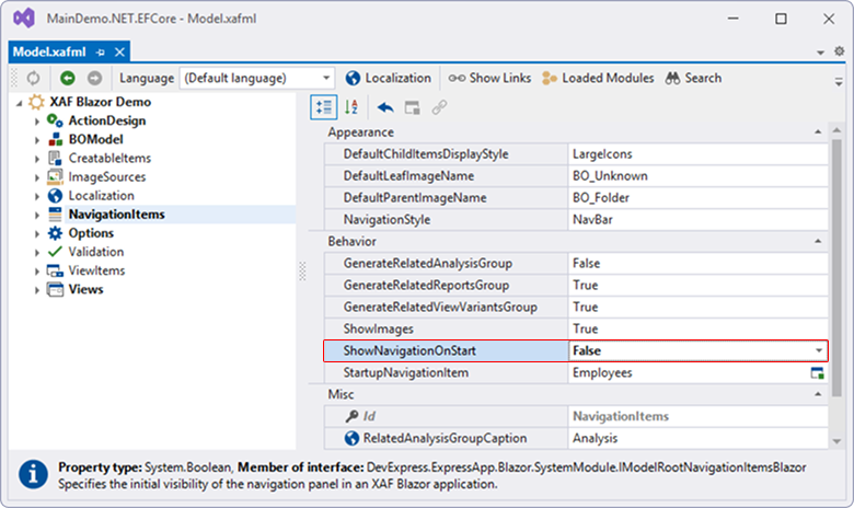 ShowNavigationOnStart Property in the Model Editor