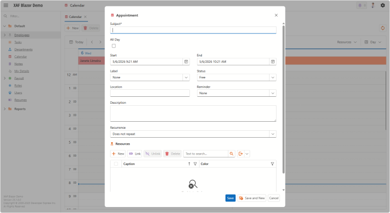 XAF Blazor new scheduler appointment in a pop-up Detail View