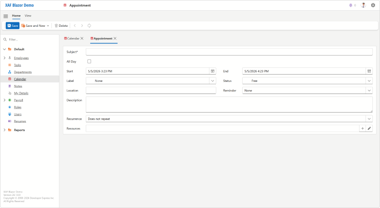 XAF Blazor new scheduler appointment in a tab