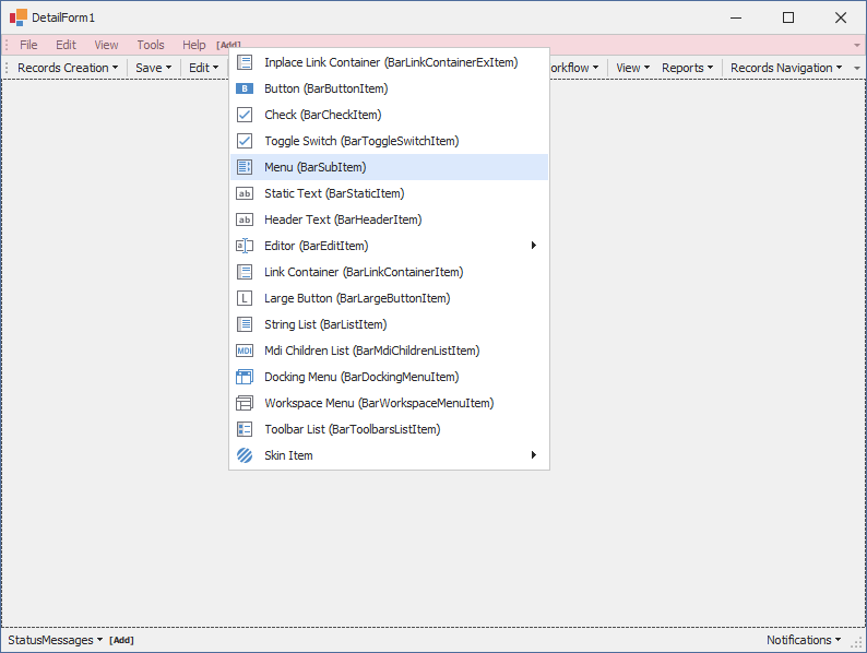Add a Bar Menu, DevExpress