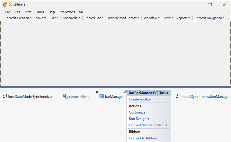 Run XAF BarManager Designer, DevExpress