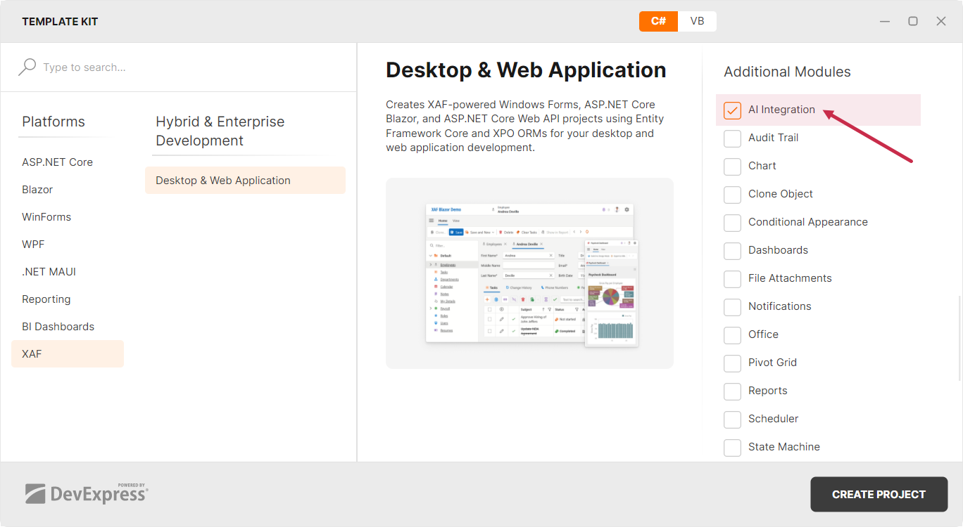 XAF AI Extensions Module in a Template Kit, DevExpress
