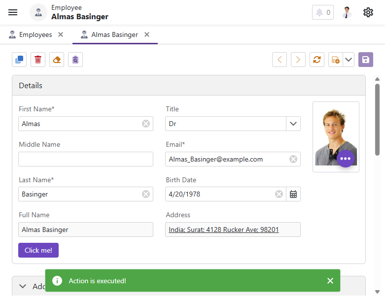 XAF ASP.NET Core Blazor Button View Item in a Detail View, DevExpress