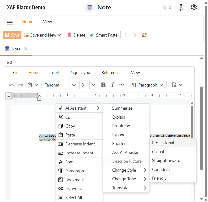 XAF ASP.NET Core Blazor AI Assistant in a Rich Text Editor, DevExpress