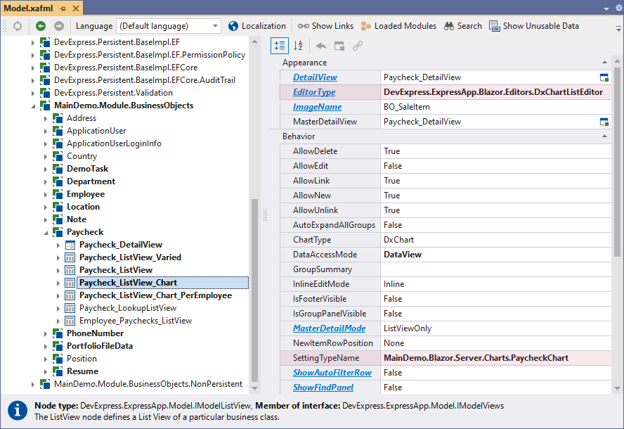 XAF ASP.NET Core Blazor Model Editor Chart List View Setup, DevExpress