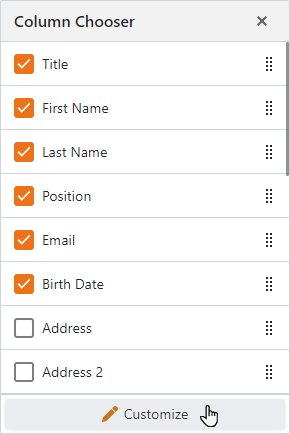 XAF ASP.NET Core Blazor Column Chooser, DevExpress