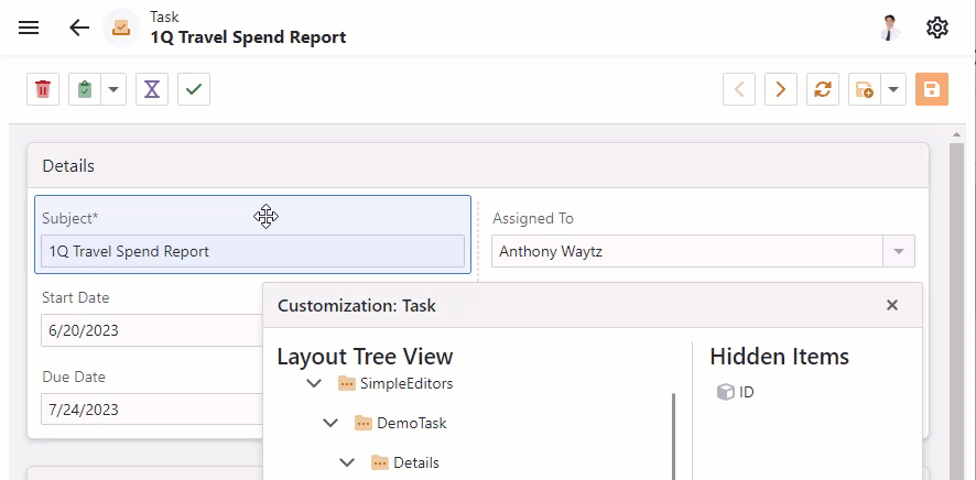 Drag-and-Drop to Hide an Item in Customization Mode, DevExpress