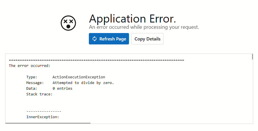 Application Error full-screen page in development mode
