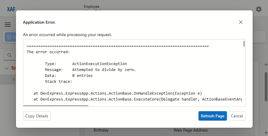 Application Error pop-up window in development mode