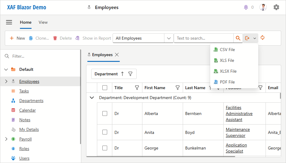 Export Actions in a XAF Blazor Application