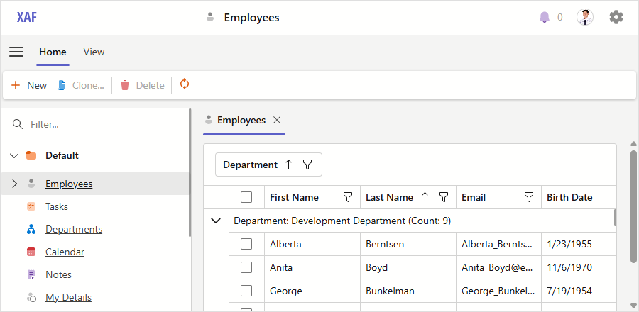 An XAF application with the Fluent icon set