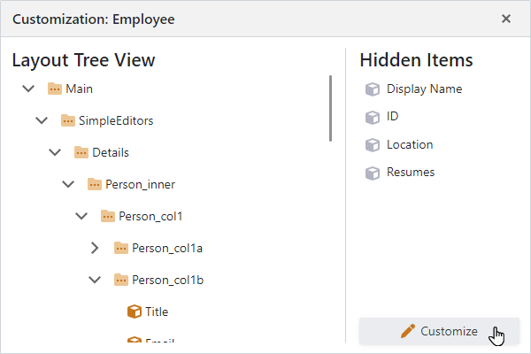 ASP.NET Core Blazor: Hidden Items list in the Customization form, DevExpress