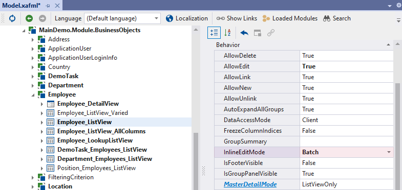 XAF ASP.NET Core Blazor Inline Edit Mode Settings in Model Editor, DevExpress