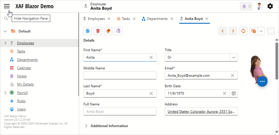 Application with visible navigation panel