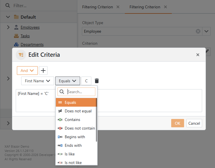 XAF ASP.NET Core Blazor Criteria Property Editor based on Filter Builder component, DevExpress