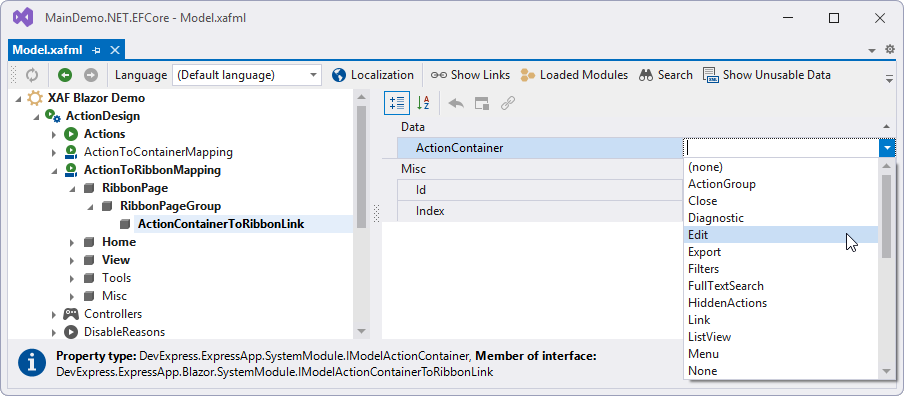 Action Container Property in the Model Editor