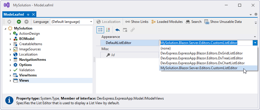 DefaultListEditor property in the Model Editor
