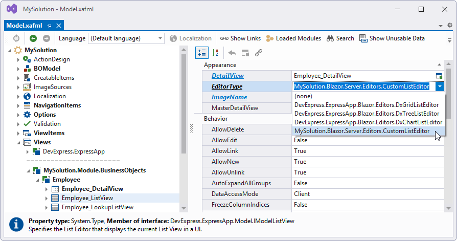 EditorType property in the Model Editor