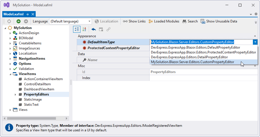 DefaultItemType property in the Model Editor